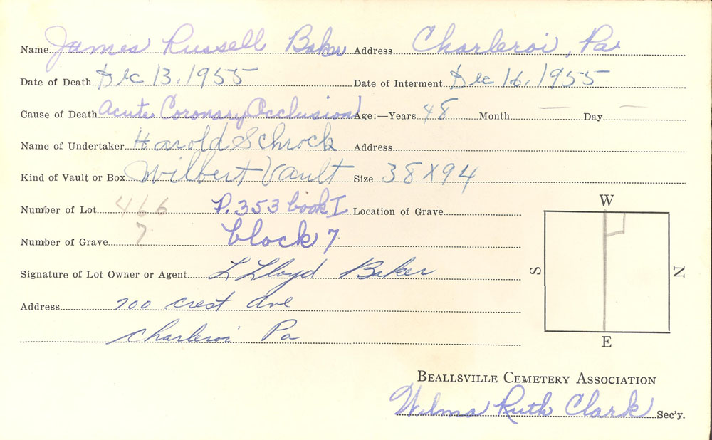 James Russell Baker burial card